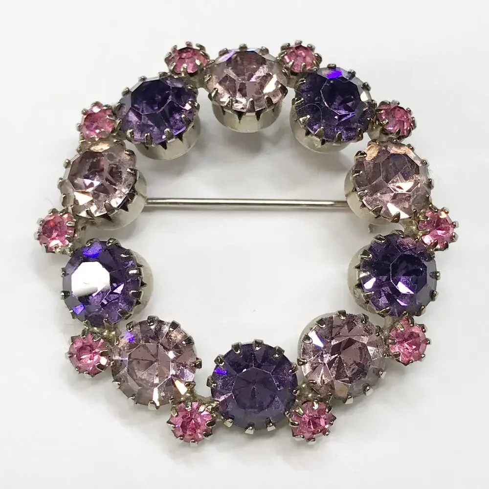 VTG Rhodium Plated Pastel Pink Purple Amethyst Brooch Rhinestones Silver Tone - Picture 1 of 12